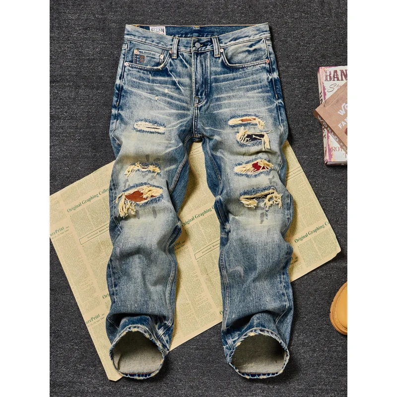 Men's Heavyweight American Vintage Ripped & Patchwork Jeans, Premium Washed Distressed Denim, Loose Straight Fashion Long Pants