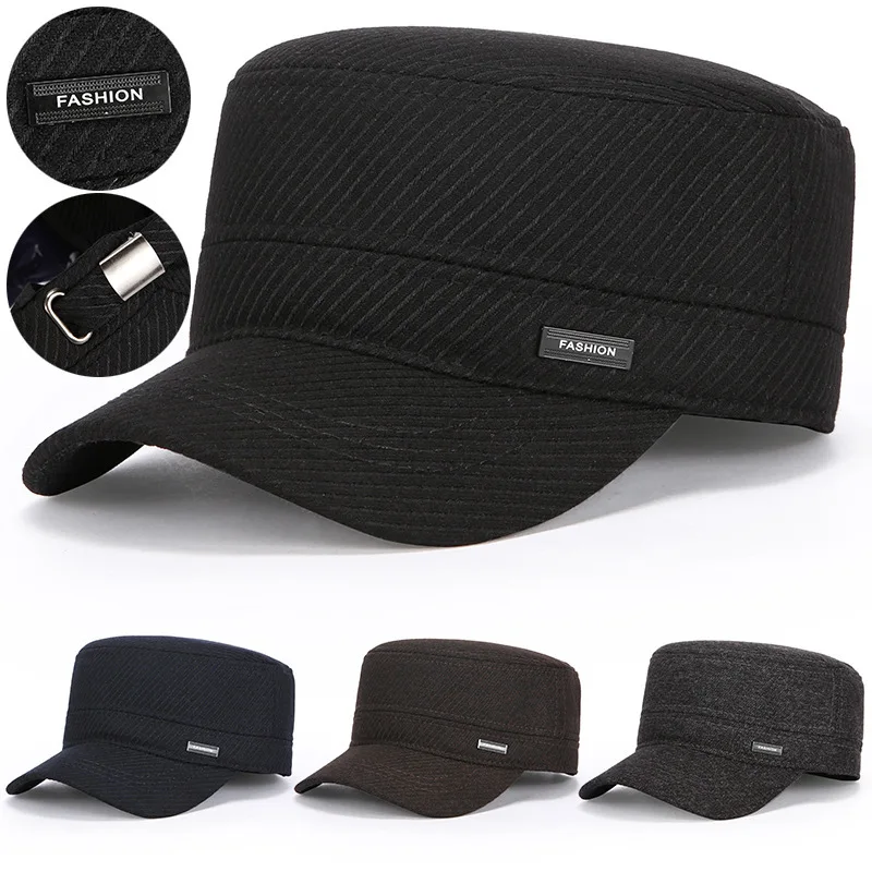 

For Autumn Winter Dad Woolen Flat Top Hat Thickened Warm Grandpa Ear Protection Dad Caps Men Outdoor Hat Hat