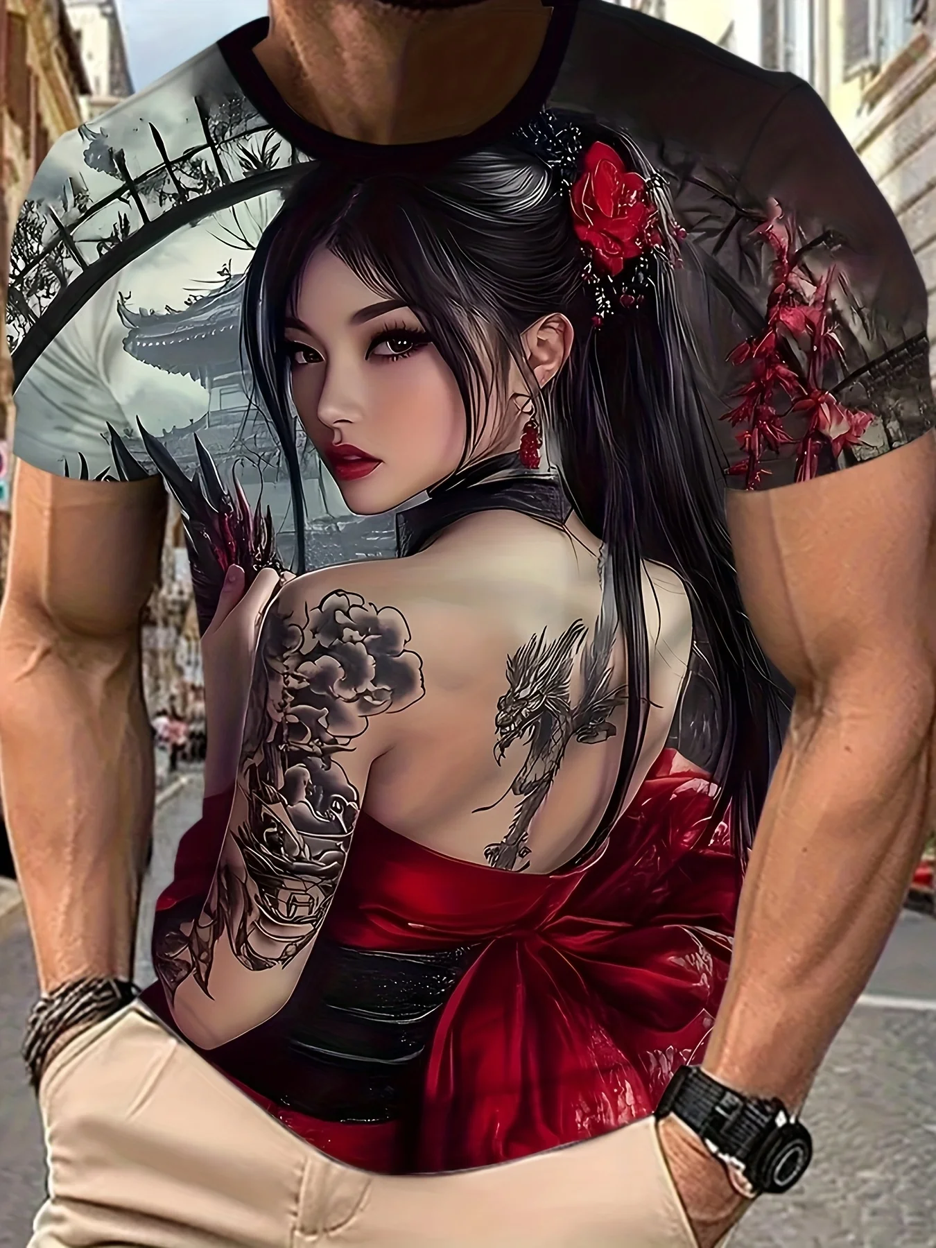 Men's All-Over Print Japanese Tattoo Geisha Samurai Tee, Quick Dry Breathable Urban Streetwear T-Shirt Summer Casual Daily Wear