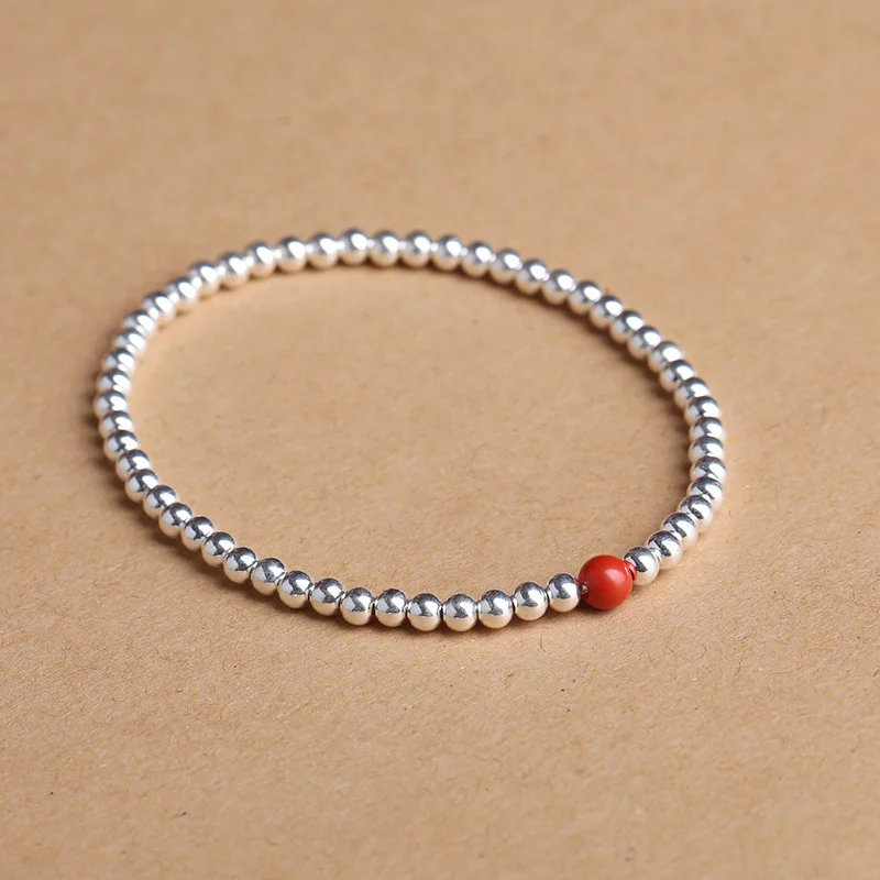 S925 Sterling Silver Bracelet Feminine Temperament Simple Small Fresh Wax Turquoise South Red Versatile Plain Silver Bracelet