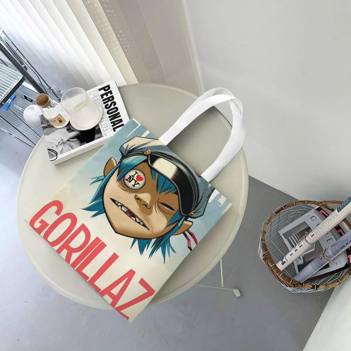 กระเป๋าช้อปปิ้งวงดนตรีกอริลาซ กระเป๋าผ้าแคนวาส กระเป๋าโท้ทแบบใช้ซ้ำได้สำหรับสาวๆ กระเป๋าสะพายไหล่ กระเป๋าเดินทาง