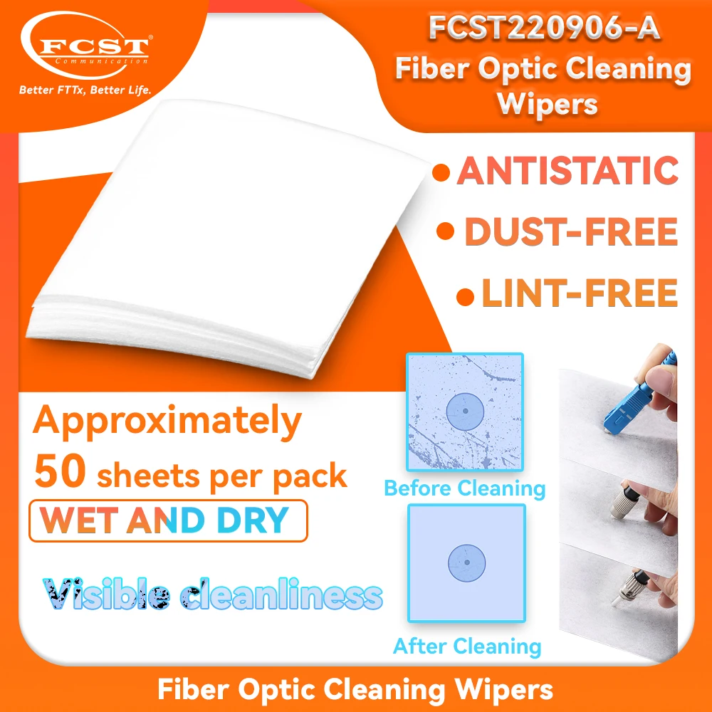 FCST 50Pcs Fiber Cleaning Wipes Platform Dustfree Paper Fiber Optic Low-lint Wipes Optical Fiber Clean Paper FTTH Tools