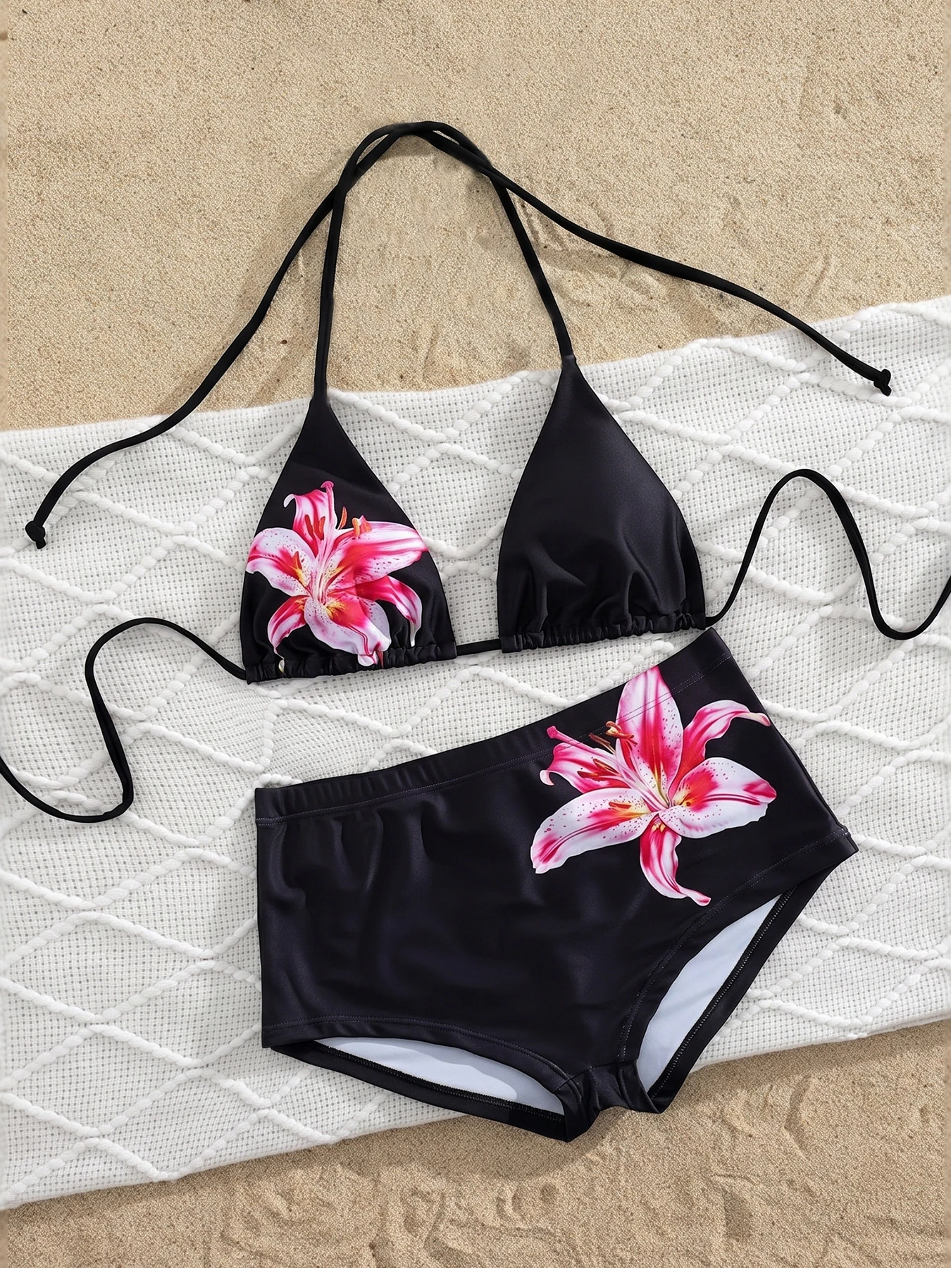 Black Lily Print Halter Triangle Bikini Set Boyshort Conservative Two Piece Swimsuit