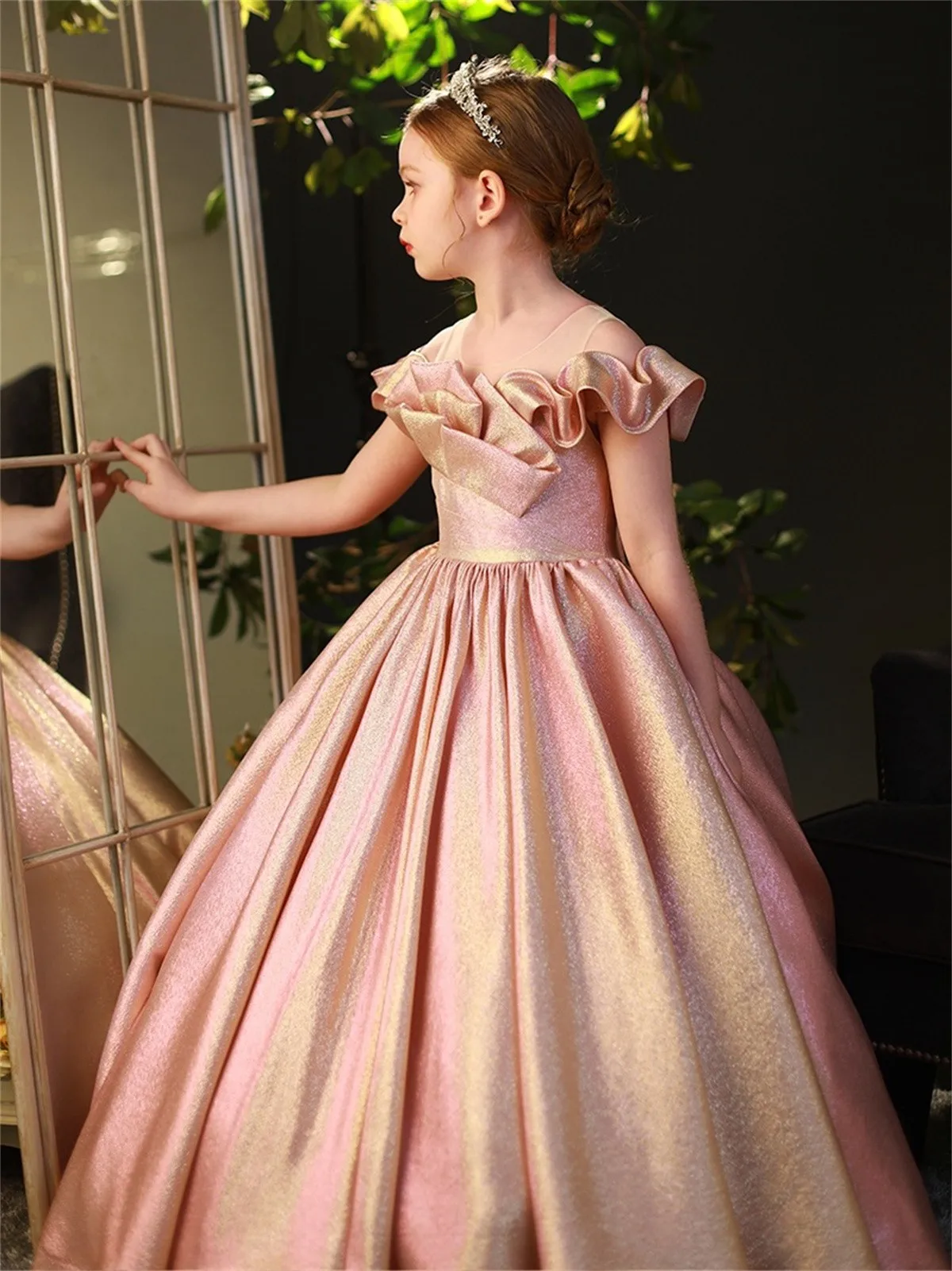 Princess Pink Shiny Flower Girl abiti da sposa elegante Prom Ball Pageant Gown festa di compleanno per bambini con fiocco abbigliamento per la prima comunione