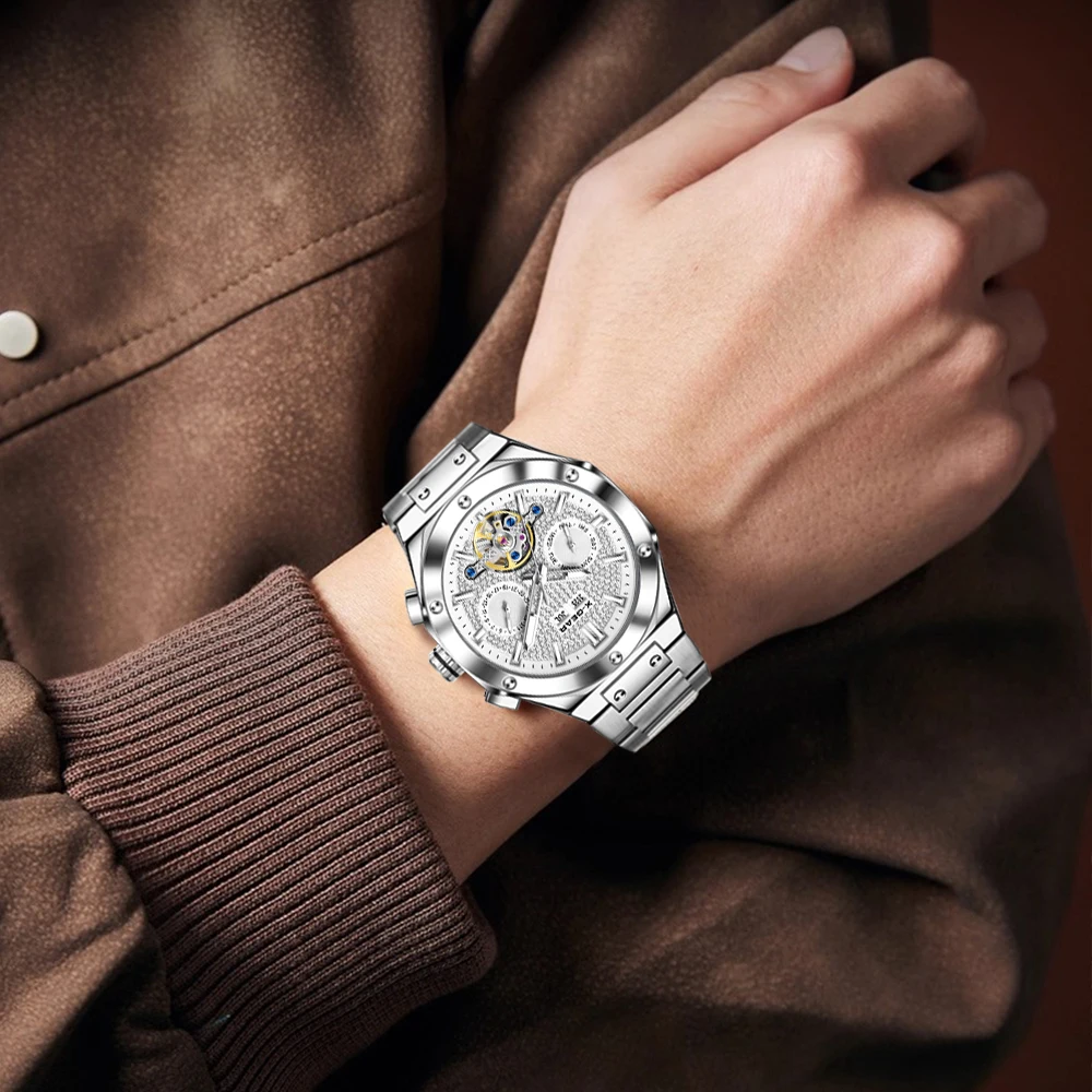 ساعة X-GEAR للرجال بحركة ميكانيكية مع قرص كبير وحزام من الفولاذ المقاوم للصدأ كاجوال/نمط الحفلات مضيئة ومقاومة للماء