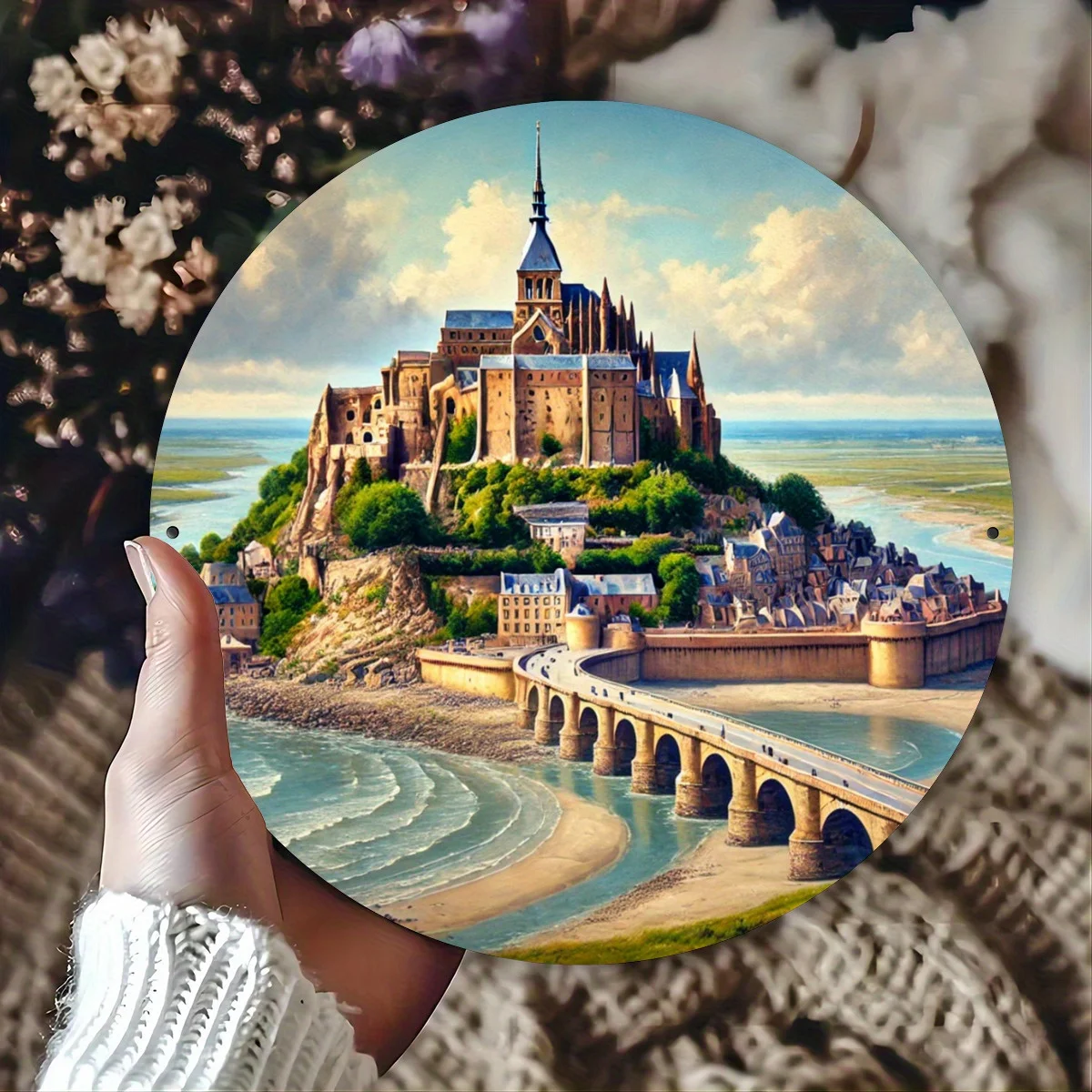 Mont Saint-Michel Round Metal Sign 7.8x7.8in - HD Print, Waterproof, Pre-Drilled, Ideal for Home, Office \u0026 Garden Decor