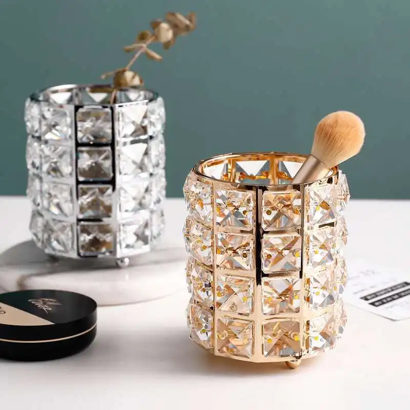 Crystal Makeup Brush Eyebrow Pencil Storage Tube Jewelry Storage Container Metal Storage Box European Style Cosmetic Organizer