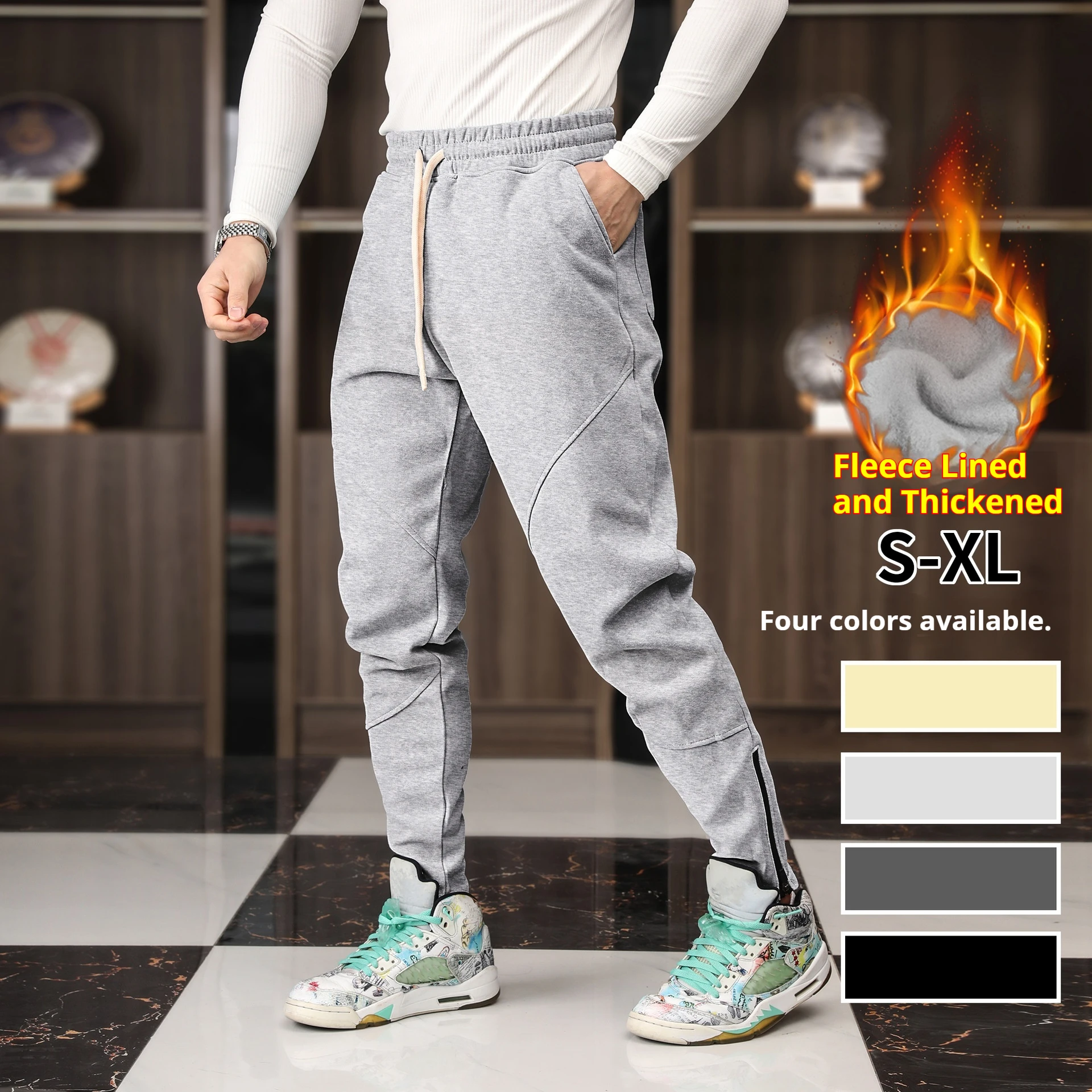 

Men's winter fleece men's trousers casual sports European plus size spliced ankle zipper sweatpants