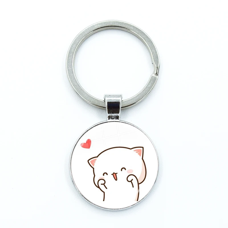 Net Red Cute Couple Mitao Cat  Glass Keychain Net Red Cute Couple Peach Cat Pendant Charm Keyring Jewelry Gifts