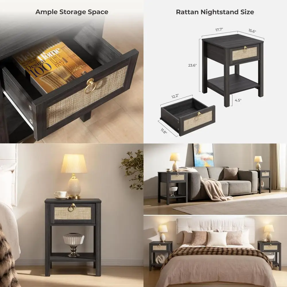 

Rattan Nightstand with Brass Knobs, Boho Style Bedside Table for Small Spaces with Storage Shelf