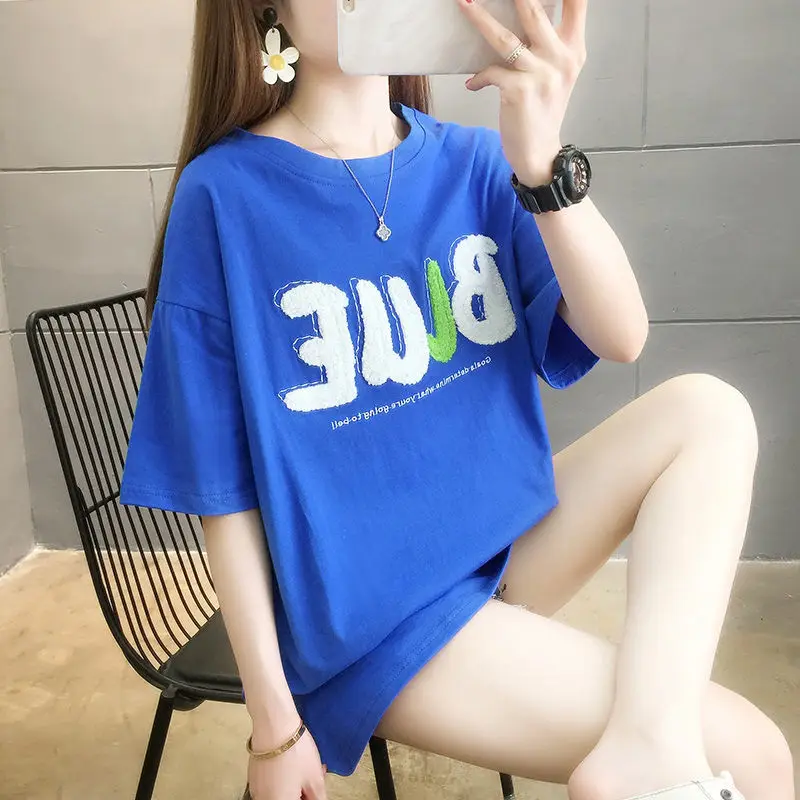 DAYIFUN Summer Cotton T-shirts Large Size Letter Towel Embroidery Design Tshirts Female Student Loose Embroidered Tees Ins Tops