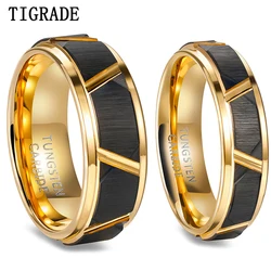 Tigrade 6mm/8mm Mens Tungsten Rings Groove Beveled Edge Pattern Brushed Black Gold Color Wedding Bands Engagement Ring