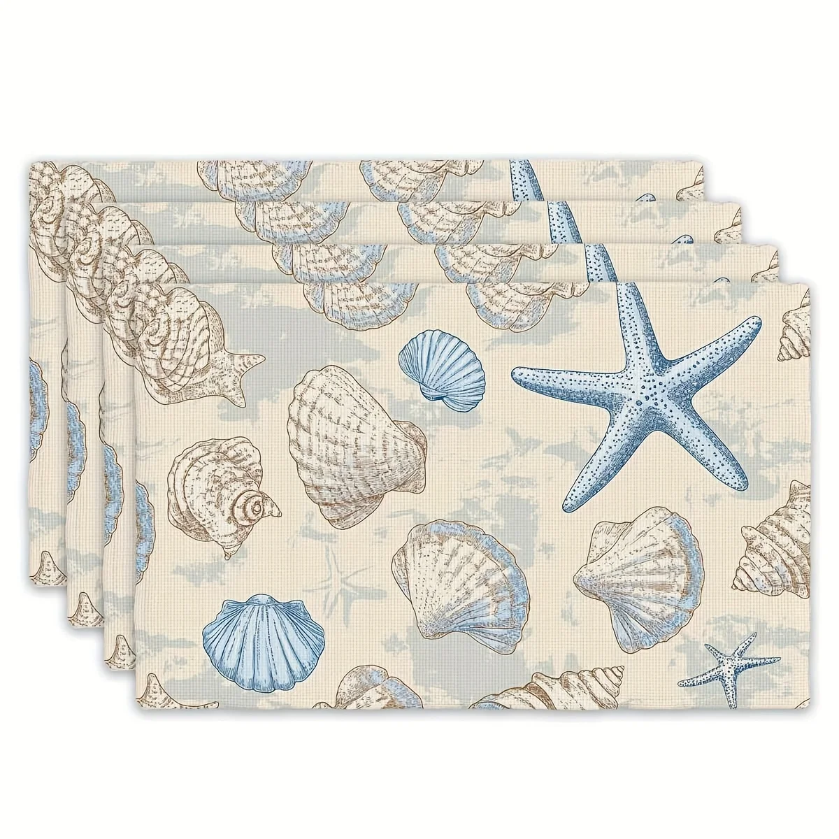 4Pcs Light Blue Shell Hand-Painted Placemats, Washable Table Mats for Holiday Parties, Home & Kitchen Decor