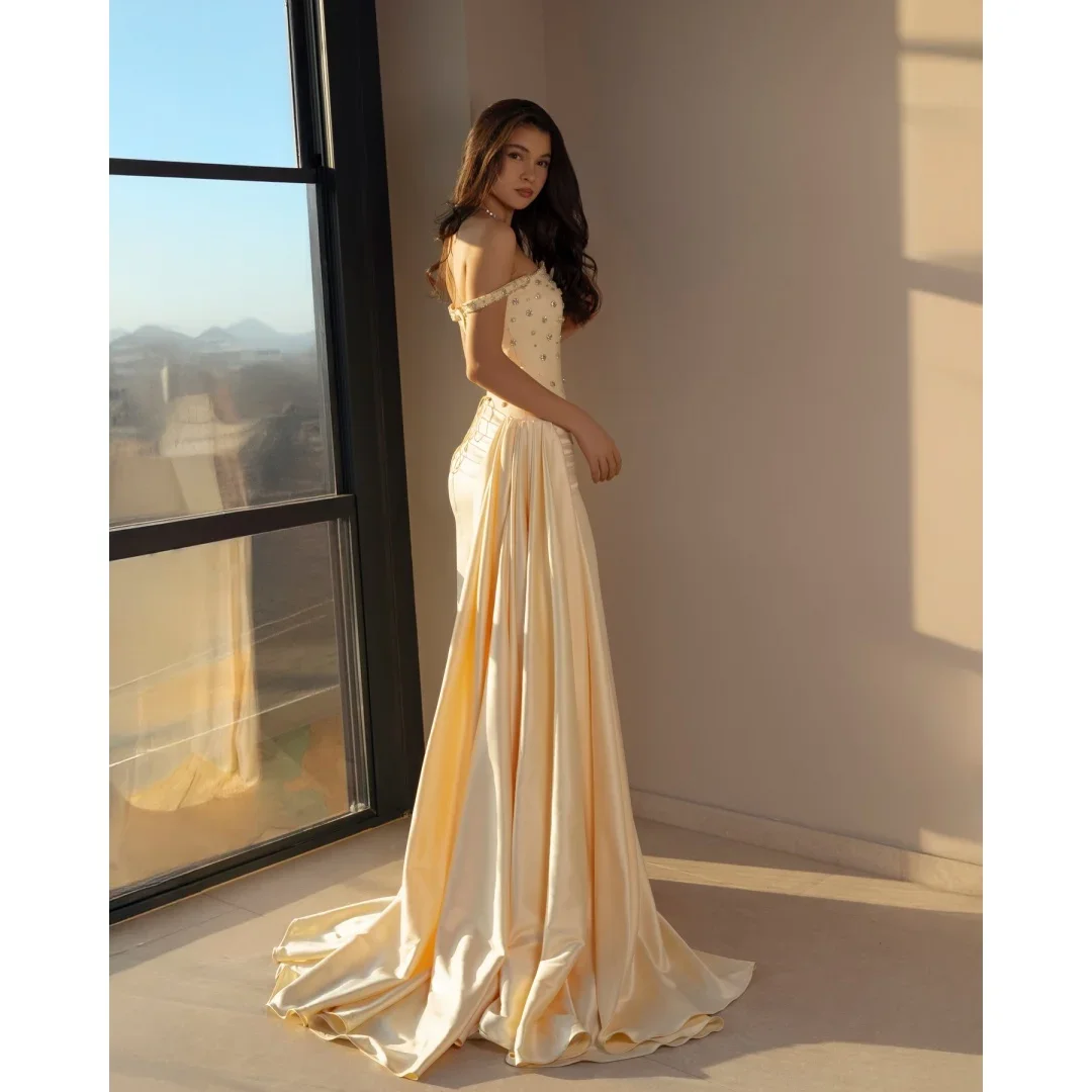 Beaded Satin Mermaid Wedding Guest Dress Off Shoulder Detachable Train Formal Evening Gown Corset Back for Prom Banquet