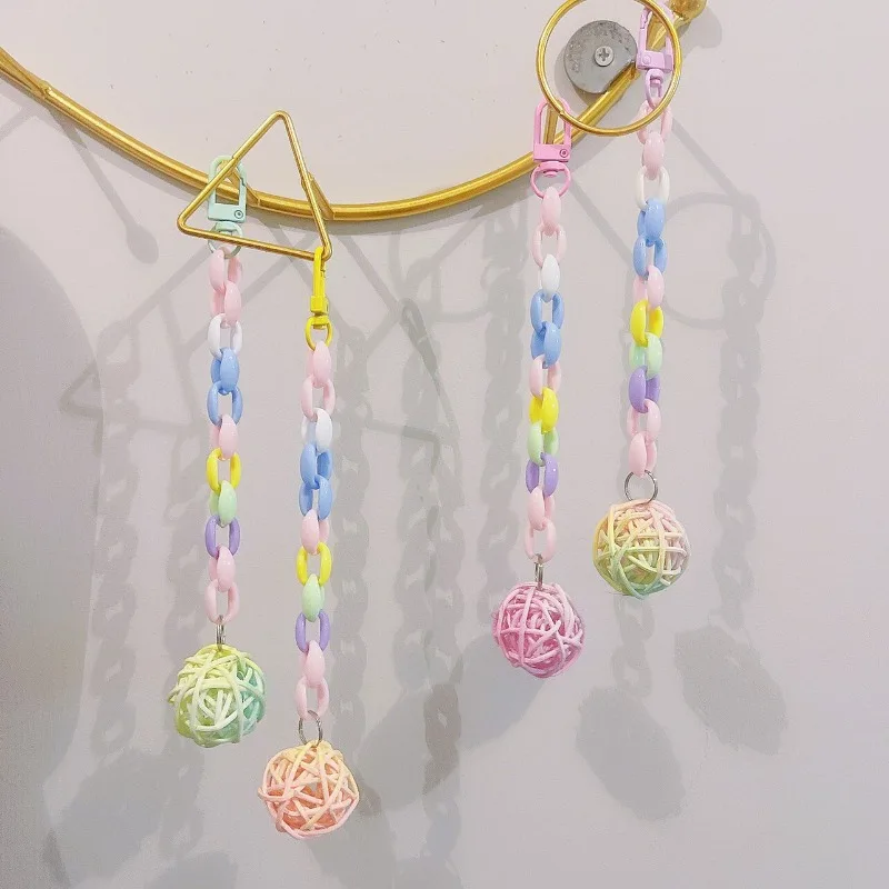 8Jiu Parrot Toy Bird Chew Rattan Ball Small Pendulum Birdcage Decoration Colorful Bite Hanging String Dangling Ball Chew Chain
