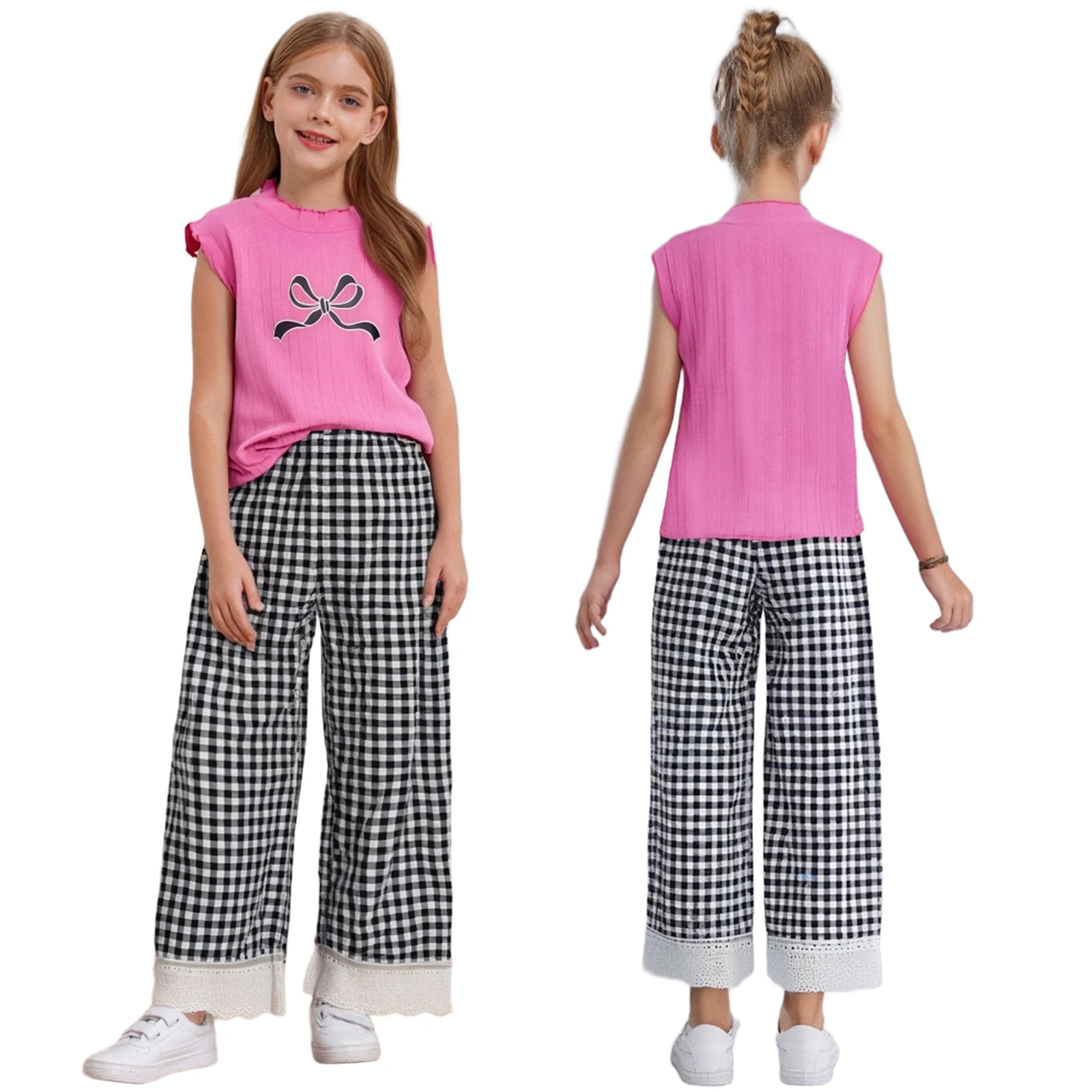 

Kids Girls Casual Outfit Cotton Round Neck Ruffle Bow Printed Sleeveless Top with Lace Trim Pants Set for Holiday Vacation Beach
