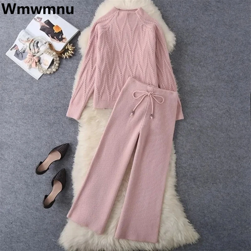 Thick Knitted Wide Pants 2 Piece Sets Half Turtleneck Pullover And Fall Winter Casual Pantalones Suit Elegantes Sweater Ensemble