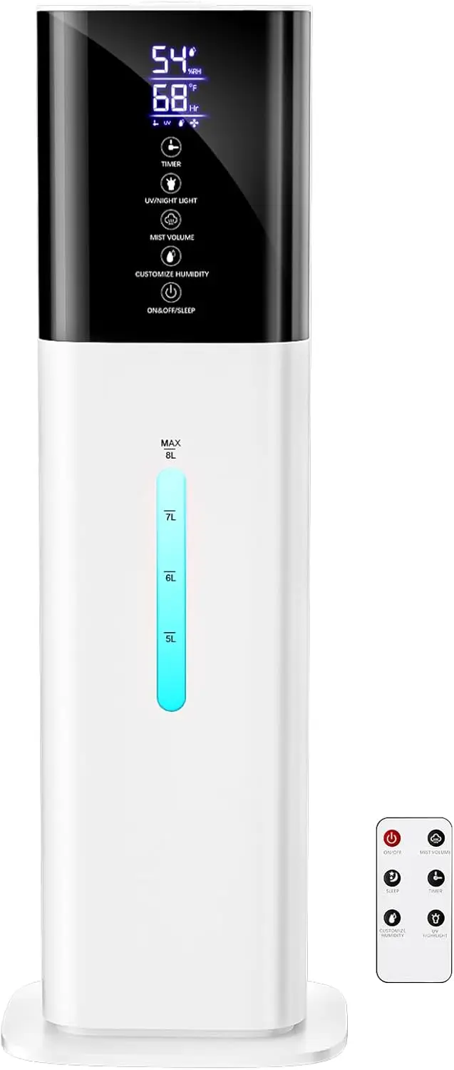 

Ультразвуковой увлажнитель воздуха с функцией холодного тумана, 8 л, с 7-цветной подсветкой, 360° ° Насадка-распылитель для эфирных масел для больших помещений и спален