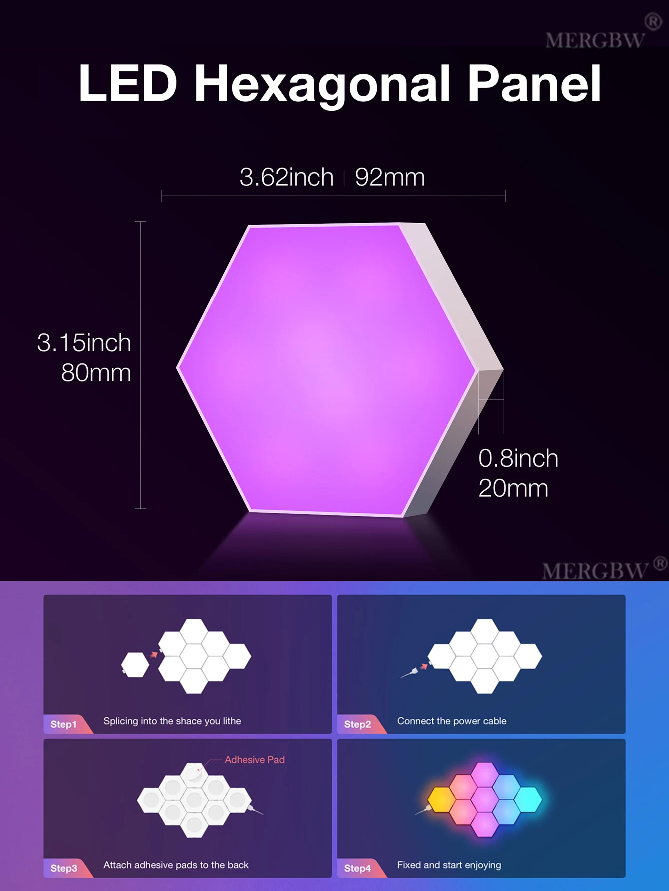 RGB Intelligent Hexagonal Wall Lamp Color Changing Ambient Night Light Hexagona Shape MeRGBW APP DIY Music Sync Game Room Home