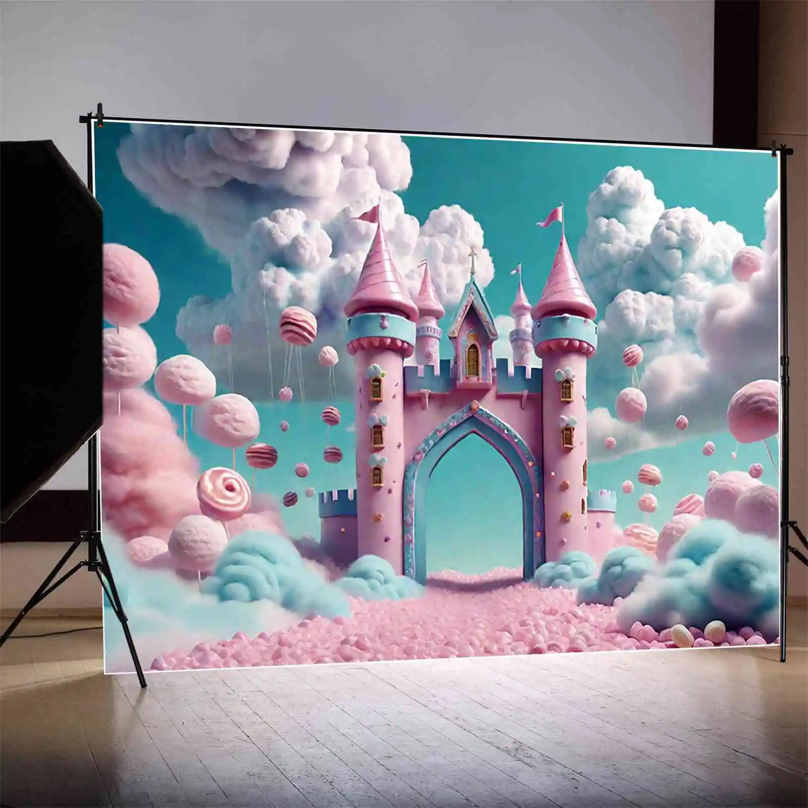 MOON.QG Candyland Arch Castle First Birthday Backdrop Baby Shower Clouds Candy Floss Background Sign Princess Photography Props