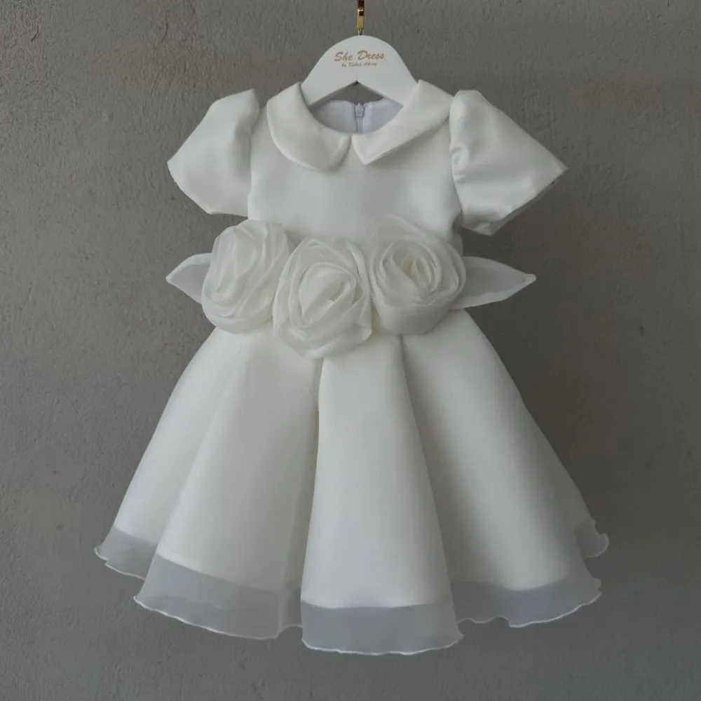 

2026 NewElegant White Flower Girl Dress Peter Pan Collar 3D Floral Short Sleeve Formal Party Gown for Toddler Girls by She Dress
