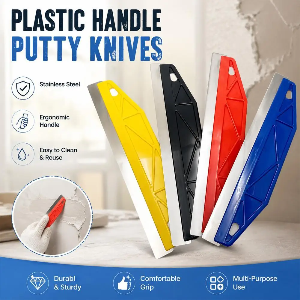 Stainless Steel Putty Knife Ergonomic Plastic Handle Scraper Smooth Finish Drywall Trowel Wall Plastering Skimming Tool
