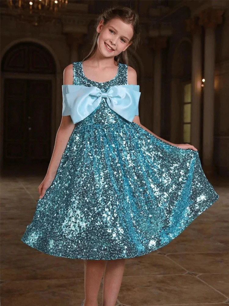 Girls V-Neck Velvet Floor-Length Performance Christmas Birthday Evening Dress Short-Sleeved Shiny Performance Evening Dress