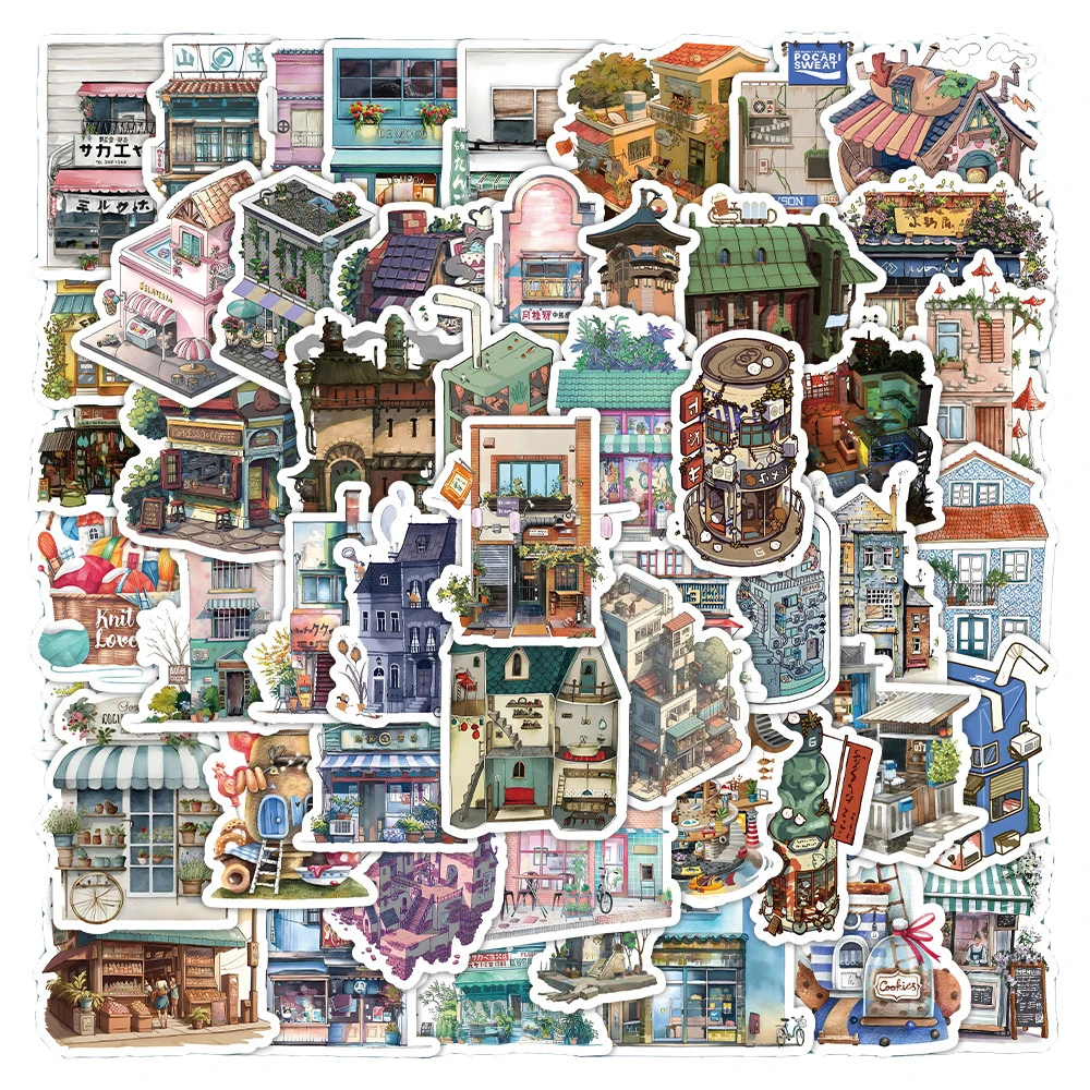 10/30/60pcs Retro Cartoon Store Building Stickers Waterproof DIY Laptop Phone Water Bottle Anime Style Graffiti Decals Toy Gift