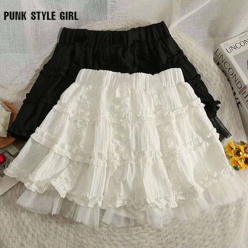 

Preppy Style Kawaii Lace Short Skirt for Women White Fairycore Lolita Mini Skirt High Waist Cute Ruffle Pleated A-Line Skirts