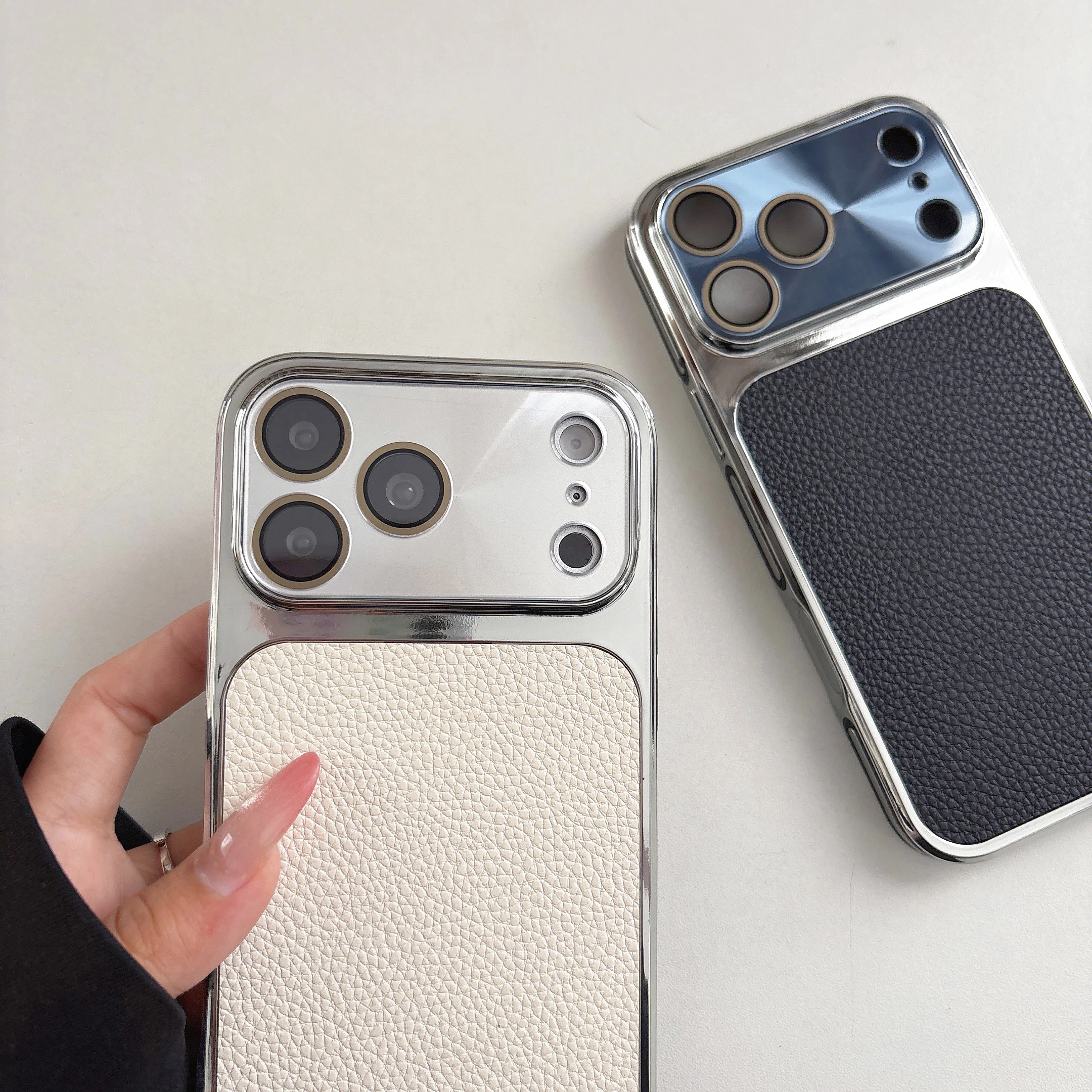 Lichee-Muster Laser-Kameraschutz-Hülle für iPhone 17 16 15 14 13 Pro Max mit matter Galvanik-Rahmenabdeckung, stoßfest und sturzsicher