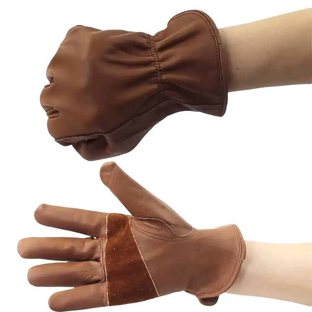 1 Pair Premium Cowhide Motorcycle Gloves Brown Color Heavy-Duty Leather Gloves Vintage Tie-Dye Safety Gloves Outdoor Biker
