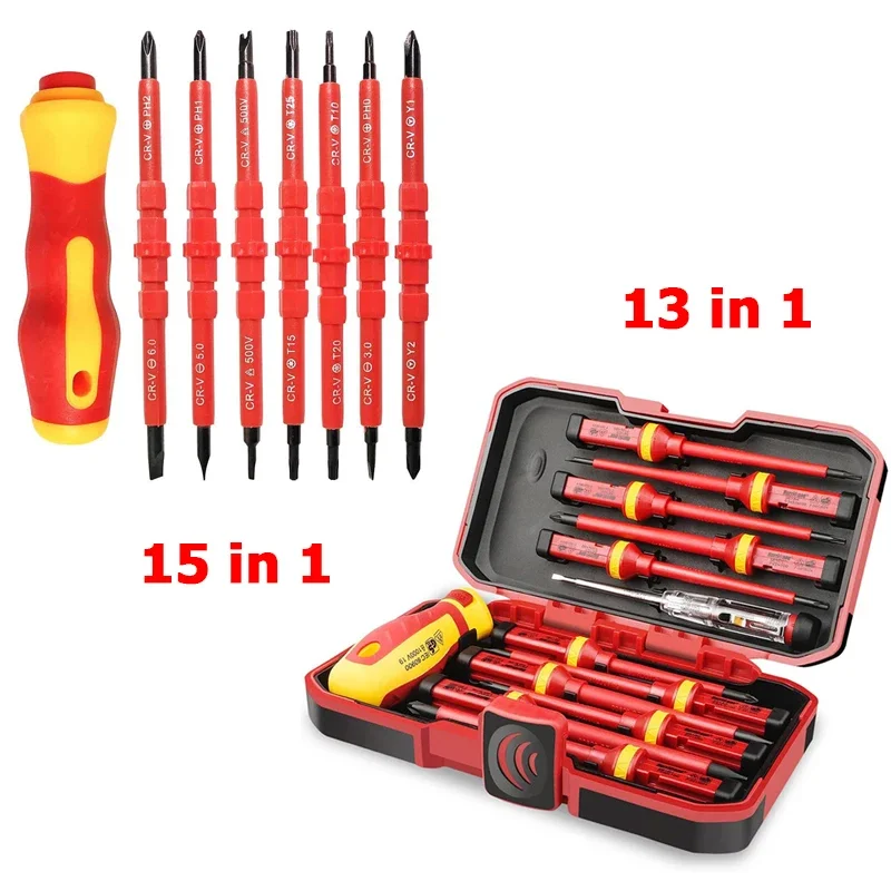 500V/15PCS 380V/13PCS 13in1 1000V Changeable Insulated Screwdriver Set And Magnetic Slotted Bits Repair Tool Electrician Tools