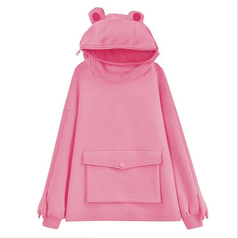 Women's Mid-length Design Frog Hooded Lazy Style Jacket Top