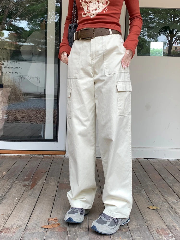 

SML 3Colors Summer 2024 women Americian safari style Pocket long Straight pants High waist Trousers womens(X3003