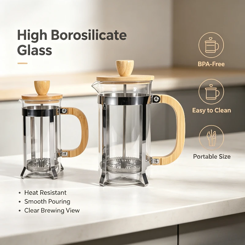 Portable Glass Coffee Pot French Press Brewer with Bamboo Wood Decor Multi‑use Moka Pot for Hand‑Brew Coffee Home Outdoor