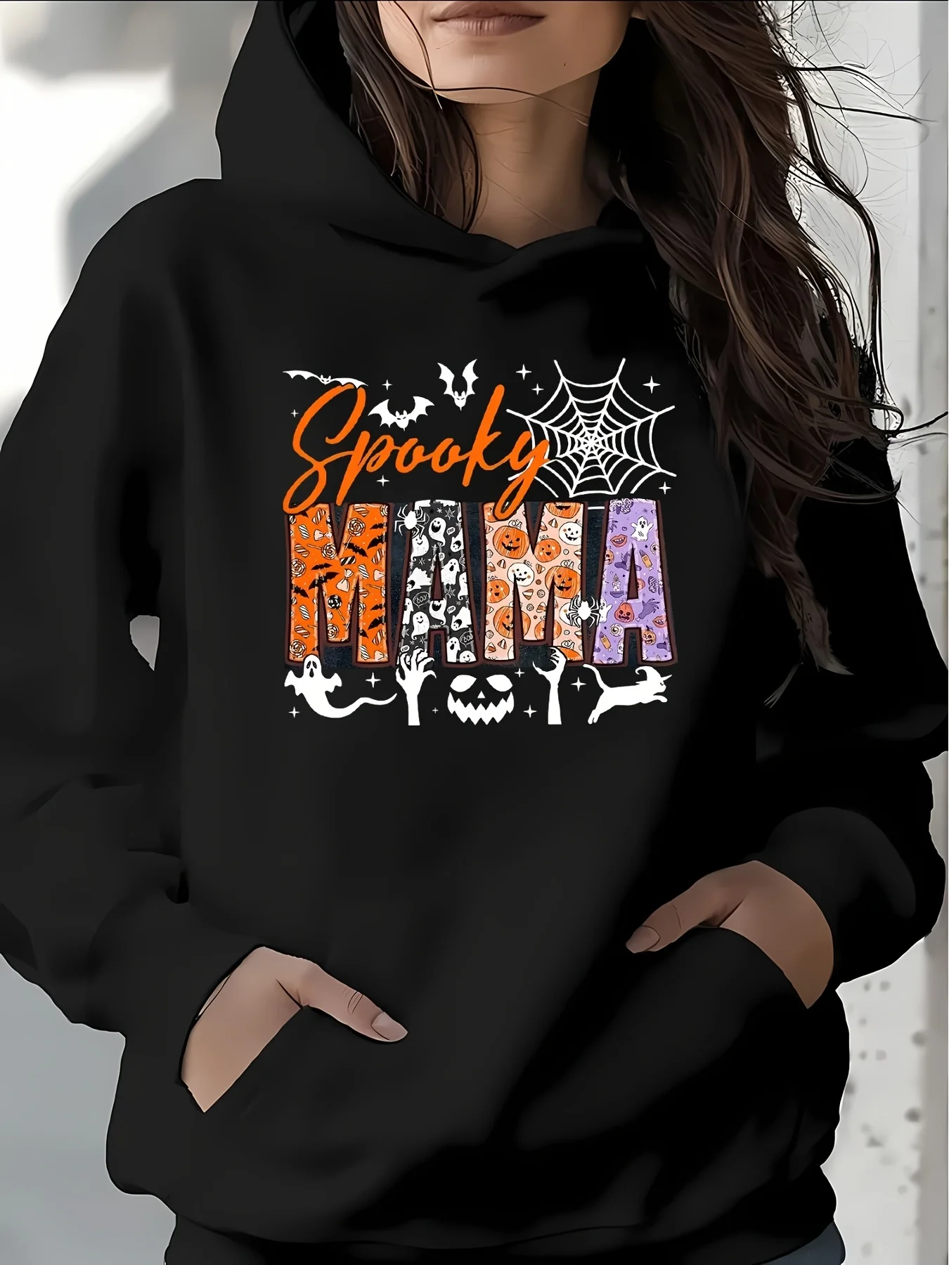 Plus Size - Cozy Relaxed Fit Hoodie - Women'S Hoodie with Spooky Mama Halloween Design, Comfortable Lightweight Black for Home Party Wear, Casual Outfit, Casual Daily Wear