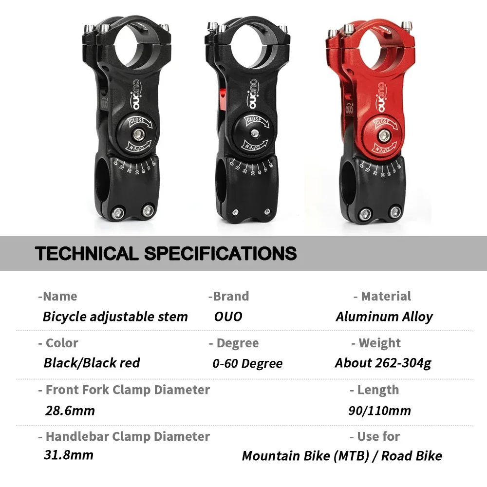 OUO قابل للتعديل دراجة الجذعية 31.8 مللي متر دراجة المقود الجذعية 0-60 درجة 90/110 مللي متر بار الناهض الجذعية 2021 تصميم جديد