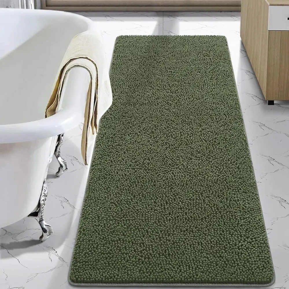 

24x60 Inch Shaggy Bath Mat, Washable Non-Slip, Plush Chenille, Absorbent Carpet, Olive Green