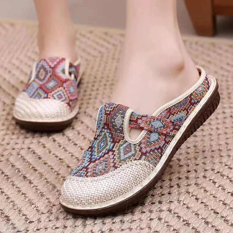 2024 Fashion Women\'s Shoes Ethnic Style Embroidered Linen Breathable Outdoor Casual Slippers Shoes for Women Zapatos De Mujer