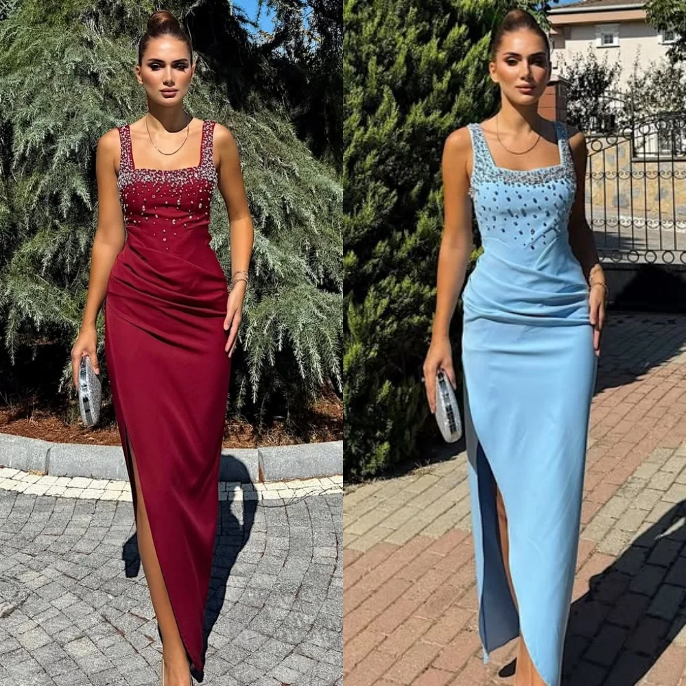 

Customized Modern Style Matching Jersey Rhinestone Ruched Mermaid Spaghetti strap Ankle Length Dresses Bespoke Occasion Dresses