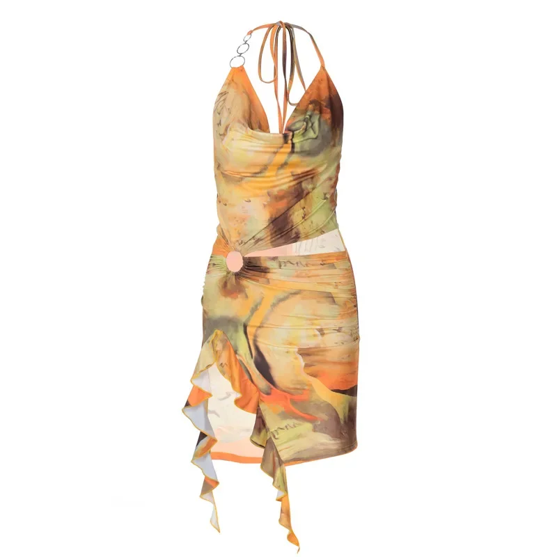 여성용 홀터넥 로우컷 허리 컷아웃 숏 드레스 여름 보헤미안 슬리브리스 백리스 메탈 링 플리츠 비치 드레스 파티 클럽