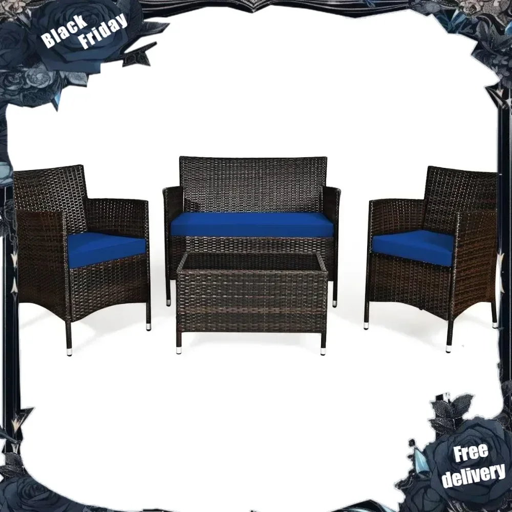 Patio Rattan Conversation Set, Outdoor Wicker Furniture Set with Tempered Glass Coffee Table &Thick Cushion