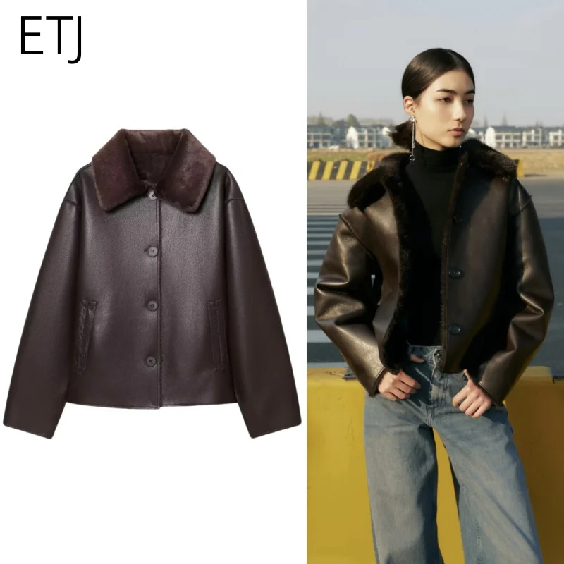 ETJ 2025 women's winter new fashion brown two sides wear imitation leather warm coat windproof thick coat