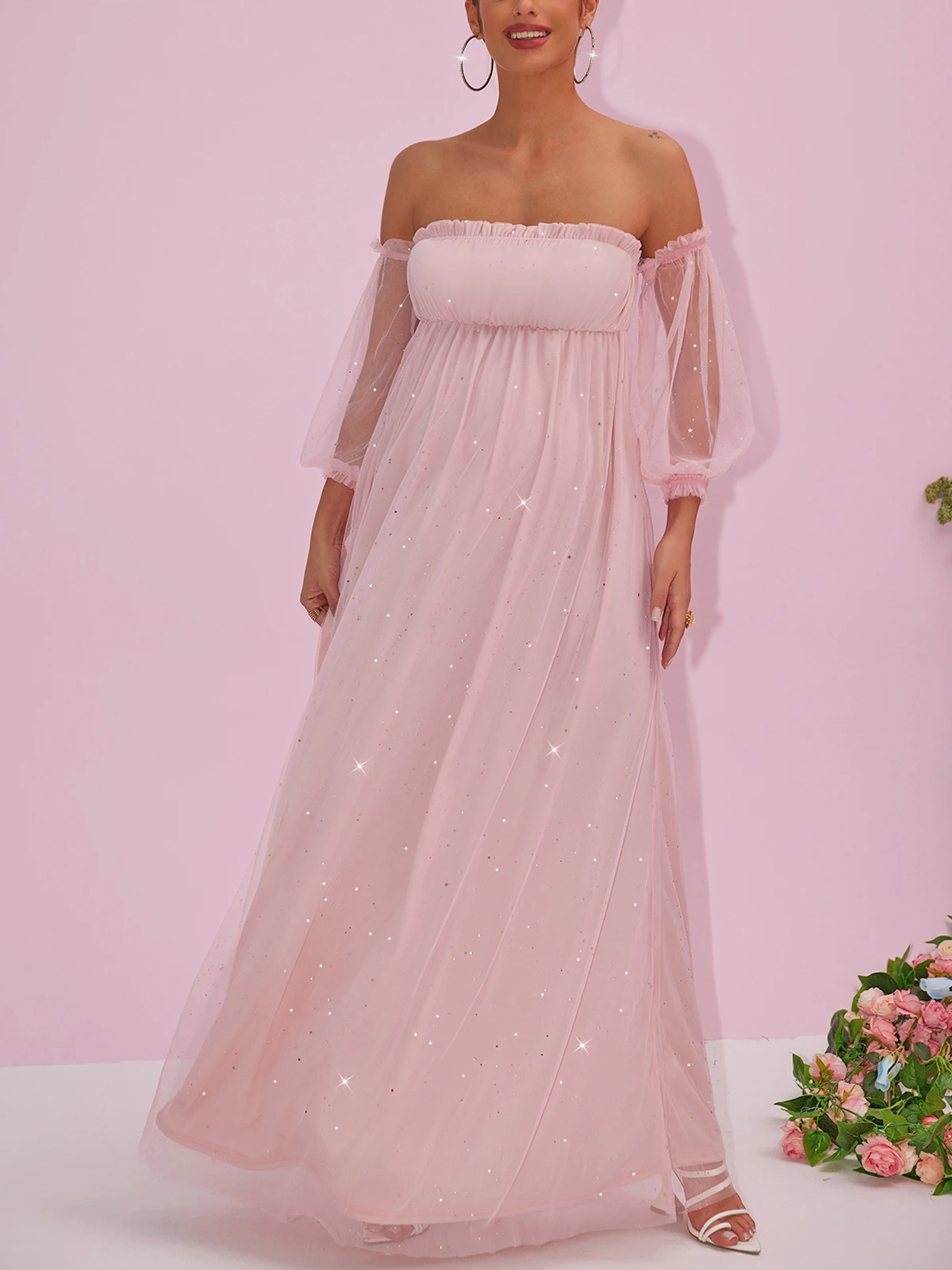 Itsroya-vestido de maternidad con purpurina de malla rosa, hombros descubiertos, volantes, suelto, elegante, accesorios de fotografía para embarazadas, vestidos de fiesta de noche