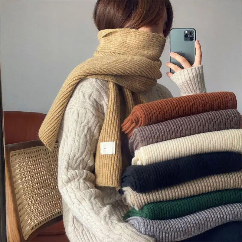 

Fashion Women Men Winter Warm Knitted Yarn Scarf Solid Color Outdoor Thickened Neckerchief Vintage Wraps Long Scarves Neck Cover