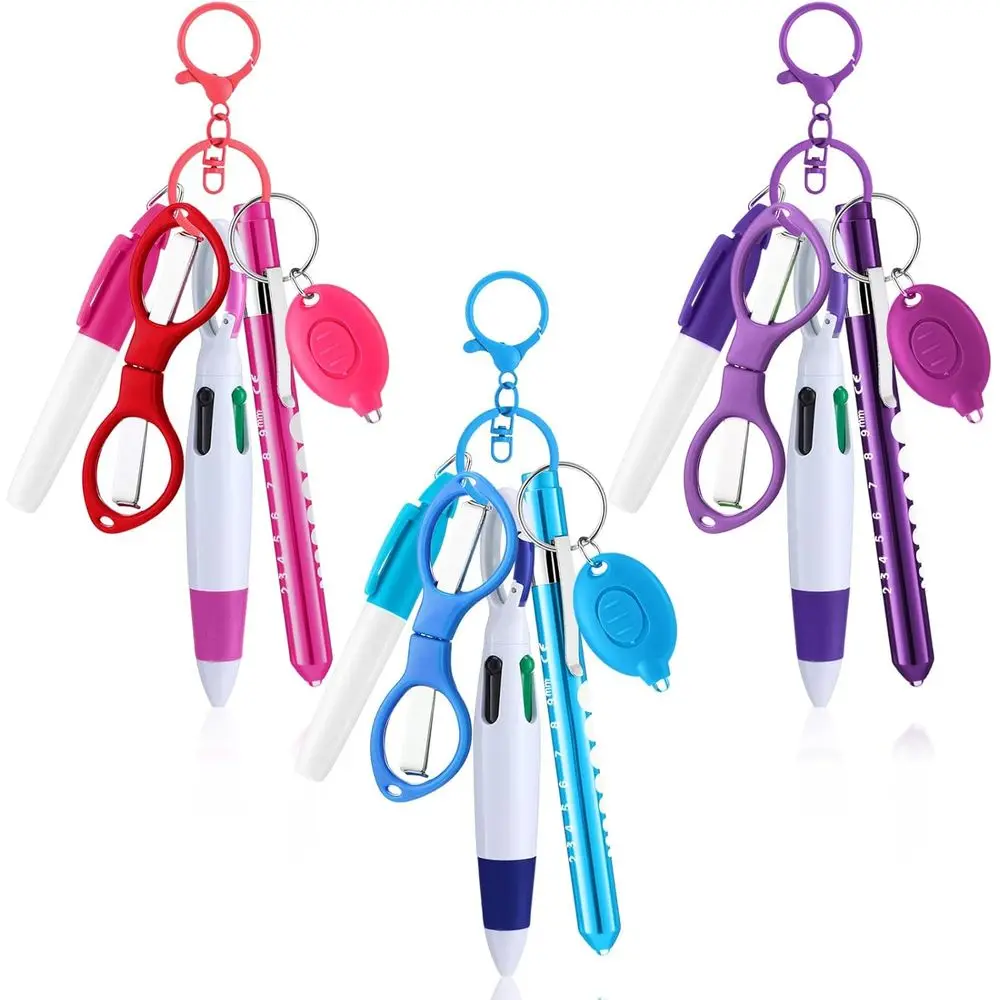 

18-Piece Nurse Pen Set with Retractable Ballpoint, Mini Permanent Marker, Keychain, Clip, Scissors, and Flashlight - Bright Colo
