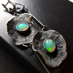 Vintage Fire Opal Stone Drop Dangle Earrings Asymmetry Long Rod Antique Metal Round Leaf Women Earrings 2023 New Jewelry