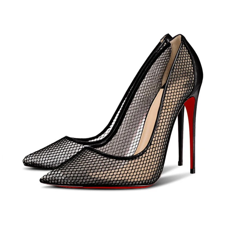 

2025 pointed mesh 12cm black high heels, women's slim heels, elegant socialite, plus size, red sole, sexy single shoes