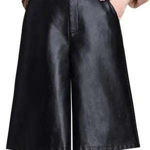 Black leather of plutonium shorts shorts for loose women long shorts of the punk motorcycle high waist at knee height femme 10 Main Sales Women's Bermuda - №7