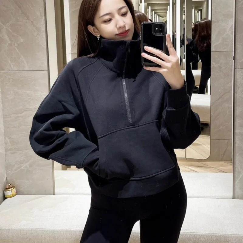 المرأة الصوف نصف البريدي الوقوف طوق البلوز شتاء دافئ فضفاض صالح قصيرة البلوز دافئ سترة عادية لينة ملابس رياضية خارجية #4